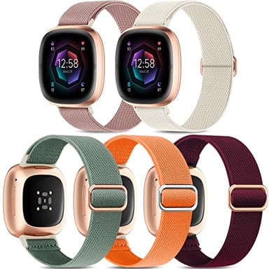 Higgs 5 Pack Straps Compatible with Fitbit Versa 4 Strap/Fitbit Versa 3 Strap/Fitbit Sense 2 Bands for Women Men, Soft Elastic Nylon Sport Replacement Band for Versa 4/Versa 3/Sense,Color 4