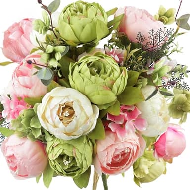 FiveSeasonStuff 2 Bundles Pink Beige Green (Spring Waltz) Peonies Artificial Flower Bouquet
