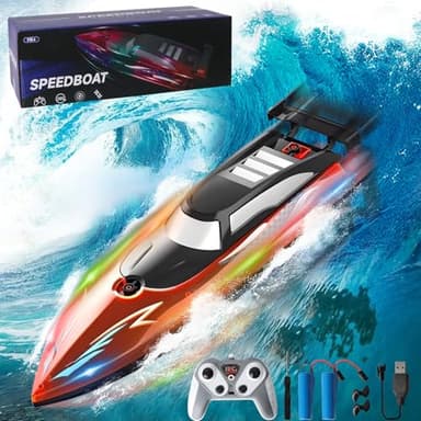 Zhwidnerso Remote Control Boat with LED Light, RC Boat Low Battery Alarm(Rechargeable), 2.4GHz RC Speed Boats Self-Righting 9.3MPH, 30 Mins, 2 Battery for Kids/Adults, Boys, for Pools/Lakes