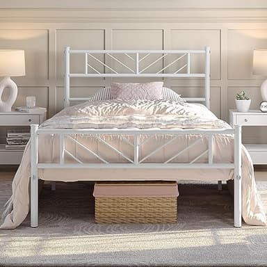 Yaheetech 3ft Single Bed Frames Metal Slatted Bed Platform with Arrow Design Headboard, Under-bed Storage, No Box Spring Needed, White