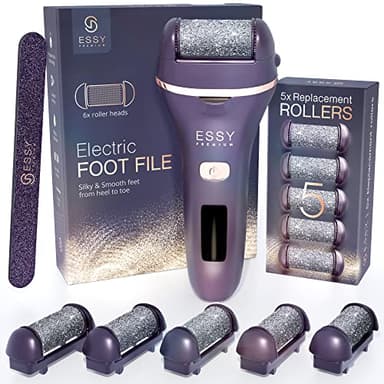 Essy Electric Foot File Hard Skin Remover with 5 Replacement Rollers Foot File Electric Pedicure Sets Cutters Accessories for Dry Dead Hard Skin Feet Callus Remover for Feet Care Exfoliator (Purple)