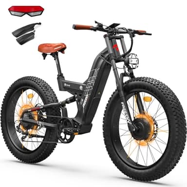 FREESKY Dual Motor Electric Bike for Adults, 48V 30Ah Battery 190KM Long Range AWD Mountain E-Bike, 26" Fat Tire Full Suspension Off-road Electric Bicycle with Hydraulic Disc Brakes Black