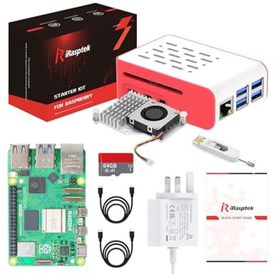 iRasptek Starter Kit for Raspberry Pi 5 RAM 16GB - 64GB Edition of OS-Bookworm Pre-Loaded (Red&White Case)