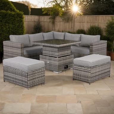 Rattan park Cambridge Range Rattan Garden Furniture Square Corner Sofa Set with Rising Table in Stone Browne Grey weave (9 Seater Corner Sofa)