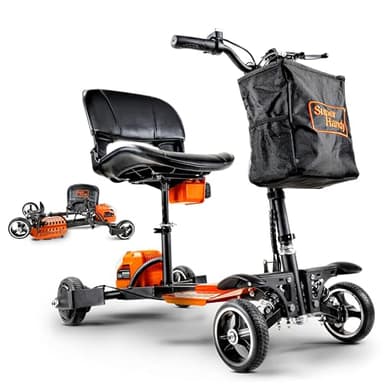 SuperHandy Passport Pro Mobility Scooter - Foldable Aluminum Frame, 4 Wheels, Includes 2 48V 2Ah Li-Ion Batteries & Charger, Supports up to 150kg [Patent Pending] (Orange & Black, 150kg)