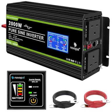 NOVOPAL 2000W Pure Sine Wave Inverter 24V to 230V 240V Car Power Converter with LCD Display, 2 UK Outlets,1 USB Port,Remote Control for Motorhomes, Truck, Boat, Camping, Household, Van