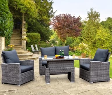 GOODS EMPORIUM 4 Seater Rattan Garden Furniture Set - Outdoor, Patio furniture, Conservatory Sofa sets - FREE COVER INCLUDED (Dark Grey with Rising Table)