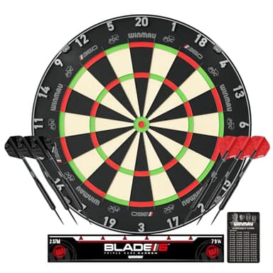 WINMAU Blade 360 Triple Core Carbon Dartboard Bundle – Includes Blade 360 Dart Board with 2 Sets of Black 19g Steel Tip Tungsten Darts (1 Set of Black & 1 Set of Red Flights) Checkout Card & More