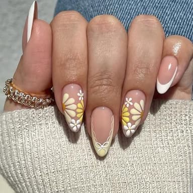 French Tip False Nails - 24PCs Short Almond Press on Nails with Cute Flower Design - Glossy White Tip Spring Fake Nails with Glue - Removable Almond Glue-on nails for Women Manicure