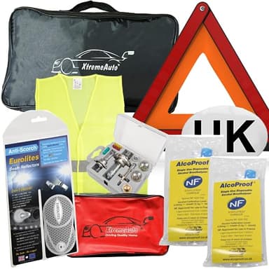 Xtremeauto European Driving Kit 2025 - European Car Travel Kit For France, Including Headlight Headlamp Beam Deflectors For Europe, Warning Triangle, Breathalysers & More, Driving In France Kit 2025