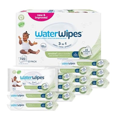 WaterWipes Sensitive+ Baby & Toddler Wipes, 720 Count (12 Packs), 3-In-1 Cleans, Cares, Protects, 99.9% Water, Textured Clean, Unscented