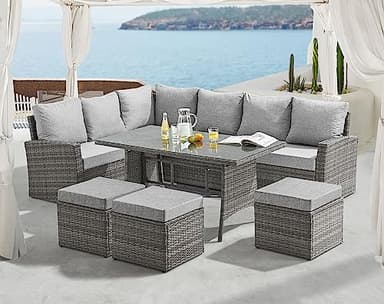 EVRE 9 Seat Marilyn Corner Sofa & Dining Rattan Garden Furniture Set for Indoor Outdoor Patios Gardens Conservatories (Grey)