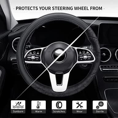 Microfiber Leather 15" Universal Fit Car Steering Wheel Cover, Elastic Breathable and Odorless, Black with White Accent