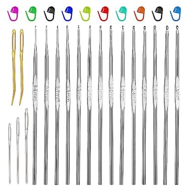 SUVSOON 0.5-1.9mm Crochet Hooks, 14 Sizes Iron Ergonomic Crochet Hooks Set with Big Eye Yarn Needle and Stitch Markers Clip Extra Long Crochet Needles for Lace Craft Knitting Beginners