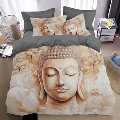 King Size Duvet Cover Set Buddha statues 3d Printed Bedding Quilt Cover Set 3 Pieces Soft Microfiber Comforter Cover with Zipper Closure and 2 Pillowcases For kids and Teens,Beige Buddha Statue