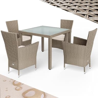 CASARIA® 5-Piece Poly Rattan Garden Furniture Set | 4 Stackable Chairs with Cushions | 90x90cm Table | Weather-Resistant, Durable, Comfortable Seating | Perfect for Garden, Patio, Balcony | Cream