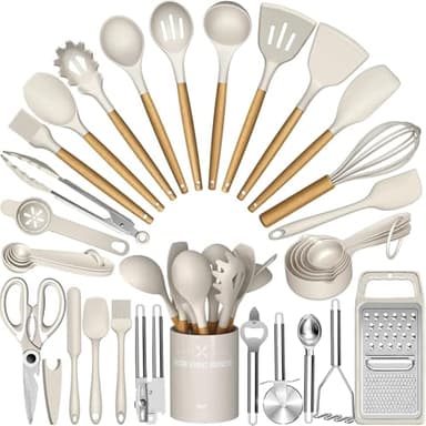 Terlulu Kitchen Utensils Set, 34PCS Silicone Cooking Utensils Set with Wooden Handle, Heat Resistant Silicone Utensil Set, Tongs Spatula Spoon Set for Nonstick Cookware, Kitchen Tools (Khaki)