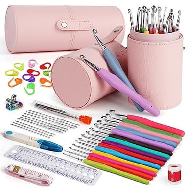 Aeelike Professional Crochet Set, Crochet Hooks Starter Set for Beginners with 14 Sizes Metal Ergonomic Crochet Hooks for Arthritic Hands and Tools, Advanced Crochet Gift Set with Pink Storage Bucket
