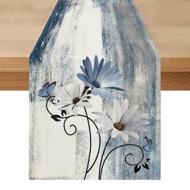 Table Runner 40 x 140 cm Spring Summer Modern Blue Runner Table Outdoor Weatherproof Table Runner Flowers Daisy Table Decoration Seasonal Washable for Kitchen Indoor Outdoor Farmhouse
