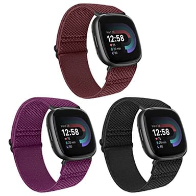 Huamanlou 3 Pack Elastic Nylon Straps Compatible with Fitbit Versa 4/Versa 3/Sense 2/Sense, Soft Loop Adjustable Sport Replacement Wristbands for Women Men