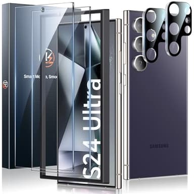 LK 2+2 Pack for Samsung Galaxy S24 Ultra Screen Protector, 2pcs Tempered Glass Film + Camera Lens Protector for S24 Ultra, Support Fingerprint Unlock, Anti-Shatter, Anti-Scratch, Easy Installation