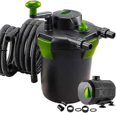 PondHero Turn2Clean Pond Pump and Pond Filter Sets | Includes UVC | Hose and Clips (3000 Filter 11W UV & 2300 LPH Pump), Black