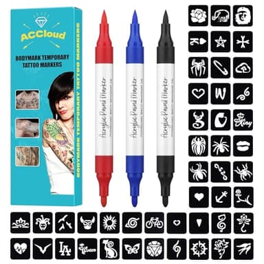 ACCloud Temporary Tattoo Markers for Skin Paint Pens Kit, 3 Body Markers+ 63 Tattoo Stencils Kit for Kids and Adults, Flexible Brush Tip, Skin Safe for Art Projects, Drawing (3 Colors-A)