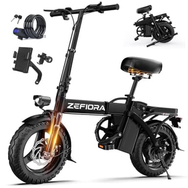 ZEFIORA Electric Bike, 250W Powerful Motor, 48V Removable Battery, 60 KM PAS Range, 14" Folding Ebike with Phone Holder & Lock, Electric Commuter Bicycle for Adults Teens (15AH)