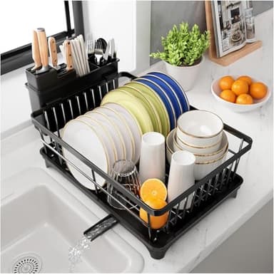 PurKeep Dish Drainer Rack - Space-Saving Dish Rack with Utensil Holder for Kitchen Counter, Large Capacity Dish Drying Rack with Draining Board, Black