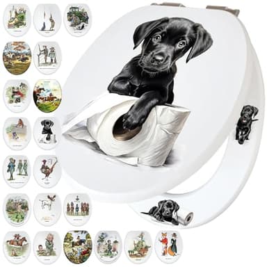 Fun Novelty Toilet Seat Soft Close,Top & Bottom Fixing, Printed On 3 Surfaces with Playful Black Labrador Puppy Artworks. A Unique Country Lifestyle Gift for Those Who Adore Gun Dogs and Puppies.