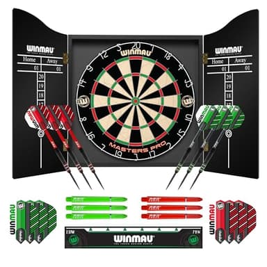 Winmau Darts - Masters Pro Premium Bristle Dartboard and Cabinet Set - Includes Dart Board, Cabinet, Darts, Flights, Shafts and Oche Strip - Professional Steel Tip Dartboard Set for Adults