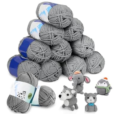 12X 50g Acrylic Knitting Yarn,Skeins Assorted Soft Yarn for Crocheting, Perfect for Any Crochet and Knitting Mini Project, Ideal for Beginners, Kids Crafts-Grey