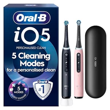Oral-B iO5 2x Electric Toothbrushes For Adults, 2 Handles, 2 Toothbrush Heads & 1 Travel Case, 5 Modes, Teeth Whitening, UK 2 Pin Plug, Black & Pink