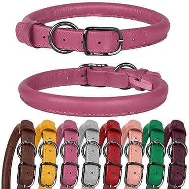 BUDKAS Rolled Leather Dog Collar for Small Medium Large Dogs Puppy Durable Adjustable Soft Round Rope Pet Collars (20"-24" Neck Fit, Pink)