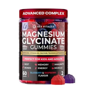 Magnesium Glycinate Gummies for Kids & Adults - High Strength Magnesium Glycinate 400mg with Malate, Zinc, D3, B6 & Taurine – Blueberry & Raspberry Flavours – Sleep, Focus & Relaxation – 60 Chews