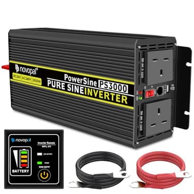 Novopal 3000W 6000W Pure Sine Wave Inverter 24V DC to 240V AC Power Converter with 2 UK Sockets,1 USB,16.4FT Remote Control, 2 Cooling Fans,for RV,Boat,Truck,Camping,Home