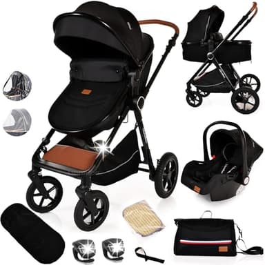 Baby Buggy Pram Pushchair Stroller 3 in 1 Child Lightweight Folding Stroller 3 in 1 Travel System Pram for Newborns & Toddlers from Birth (Black Black)