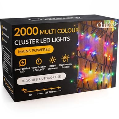 Christow 2000 LED Cluster Christmas Tree Lights, Multi-Coloured Fairy Lights with Timer, 8 Light Modes, Energy Efficient 3mm Micro LEDs, Indoor & Outdoor, Mains Powered, Green Cable, 24.97m Lit Length