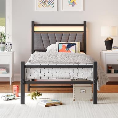 FOUBAM 3FT Single Bed Frame, Metal Platform Upholstered Bed frame with Headboard and USB Charging Station,Heavy Duty Bed Single Size with LED Lights, Metal Slats Support, 90x190cm, Grey