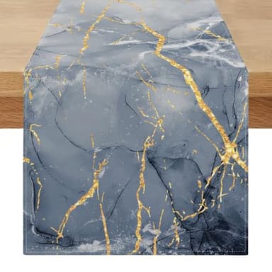 Spring Washable Table Runner 40 x 140 cm Summer Table Runner Modern Navy Blue and Grey Marble Gold Textured Table Decorations for Coffee Dining Room Dresser End Table