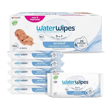 WaterWipes Sensitive+ Newborn & Baby Wipes, 360 Count (6 Packs), 3-In-1 Cleans, Cares, Protects, 99.9% Water, Unscented