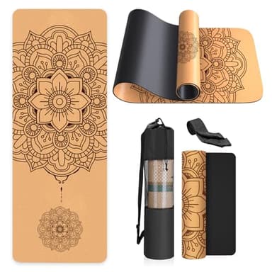 Cork Yoga Mat Non Slip Unique Design Natural Cork Tpe Material Fitness Exercise Mat with Carry Bag and Strap For Home, Pilates,Aerobic,Gym & Workout 72 X 24