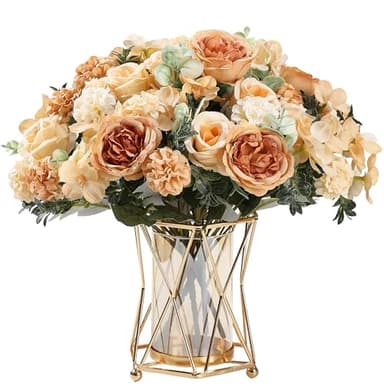 HNVNER 2 Bunches Peony Hydrangea Artificial Flowers, Roses Peonies Silk Flower Bouquet for Wedding Party Centerpiece Home Décor (Champagne)