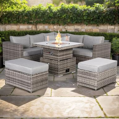 Rattan park Cambridge Range Rattan Garden Furniture Square Corner Sofa Set with Fire Pit Rising Table in Stone Browne Grey weave