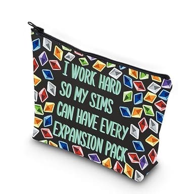 KUIYAI Video Game Gift Sim Game Gift Funny Gaming Zipper Pouch Sims 4 Plumbob Pattern Makeup Bag for Gamer (i Work Hard)