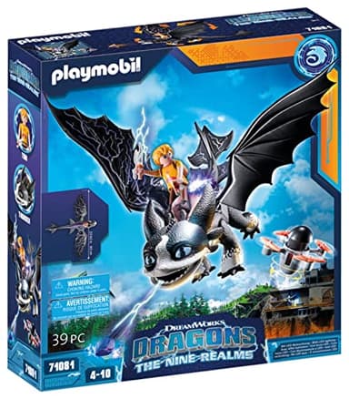 PLAYMOBIL DreamWorks Dragons 71081 Dragons: The Nine Realms - Thunder & Tom, Dragon Figure with Shooting Function and Light Effects, Toy for 4+ Year Olds
