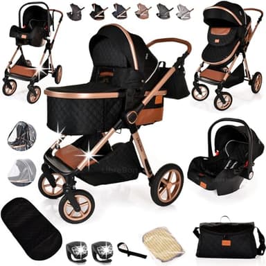Baby Buggy Pram Pushchair Stroller 3 in 1 Child Lightweight Folding Stroller 3 in 1 Travel System Pram for Newborns & Toddlers from Birth Aluminum (Black - Rose Gold Frame)
