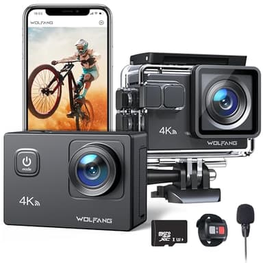 WOLFANG Action Camera GA100 with 32GB microSDXC Memory Card 4K 30FPS 20MP Underwater Camera Waterproof 40M, WiFi Videocamera with Dual Mic, 170° Wide Angle, EIS Anti-shake, Various Accessories