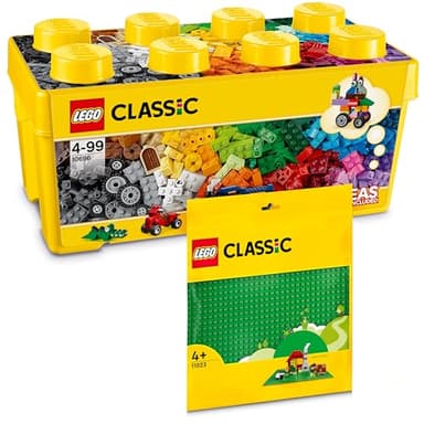 Lego Classic Building Blocks Box, Medium Size + Green Plate: Storage Boxes & Building Plate Bundle, Stone Box with Baseplate for Children from 4 Years