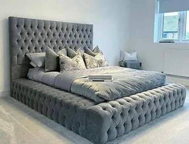 Beds & Co Grey Plush Velvet Upholstered Regal Ambassador Bed Frame and Headboard - Mattress Option Available - Hand Made in the UK - Single/Double/Kingsize/Superking (Kingsize (5FT), Without Mattress)